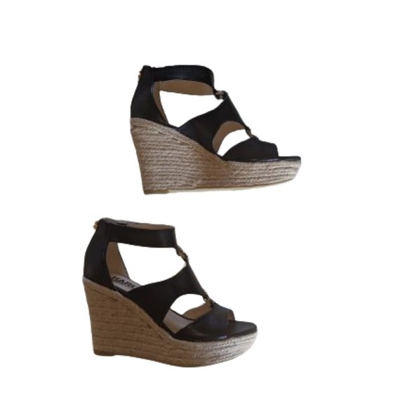 KARL LAGERFELD Black and Tan Wedge Platform Sandals Size 6 NEW NWOT - Picture 1 of 8